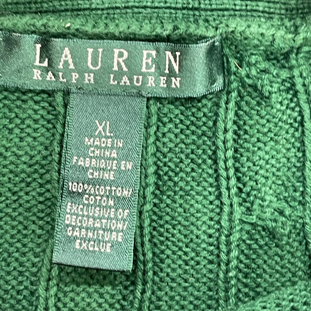 Lauren Ralph Lauren Sweater Extra Large Green Cable Knit Neck Gold Button LRL - Picture 12 of 16